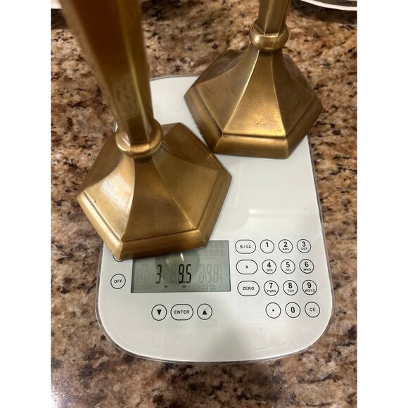 Vintage Brass Candlesticks Holder Featuring Six Sided Hexagonal Base Design - Picture 12 of 12